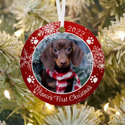Dog First Christmas Snowflake Photo Red White Metal Ornament