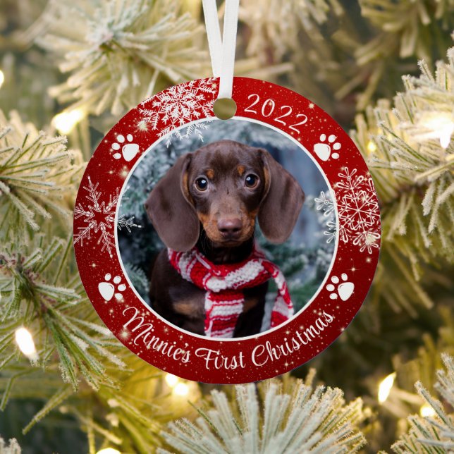 Dog First Christmas Snowflake Photo Red White Metal Ornament (Insitu)