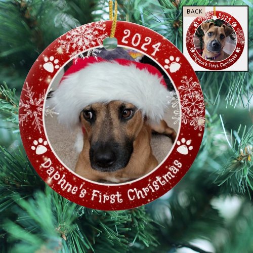 Dog First Christmas Snowflakes 2 Photo Red Ceramic Ornament