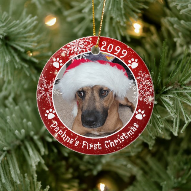 Dog First Christmas Snowflakes 2 Photo Red Ceramic Ornament (Tree)