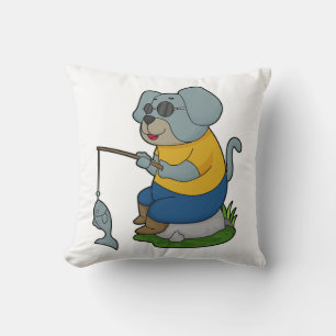 Dog Fishing Fisher Finshing rod Throw Pillow