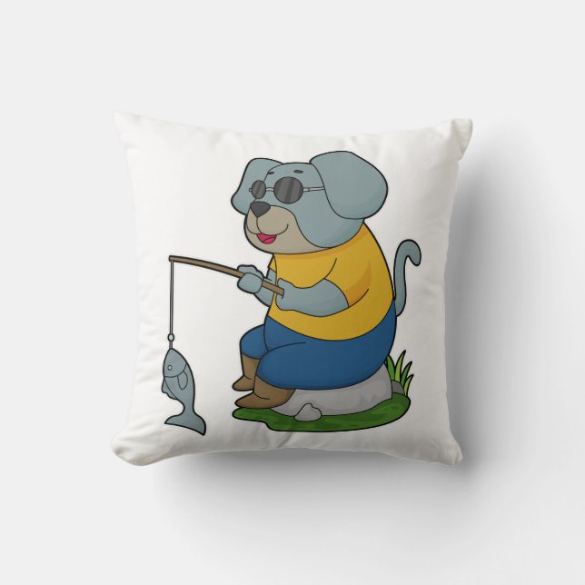Dog Fishing Fisher Finshing rod Throw Pillow (Front)