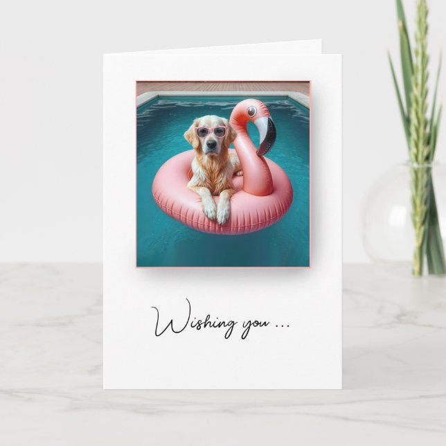 Dog Floating On a Flamingo Pool Toy Birthday Humor Card (Front)