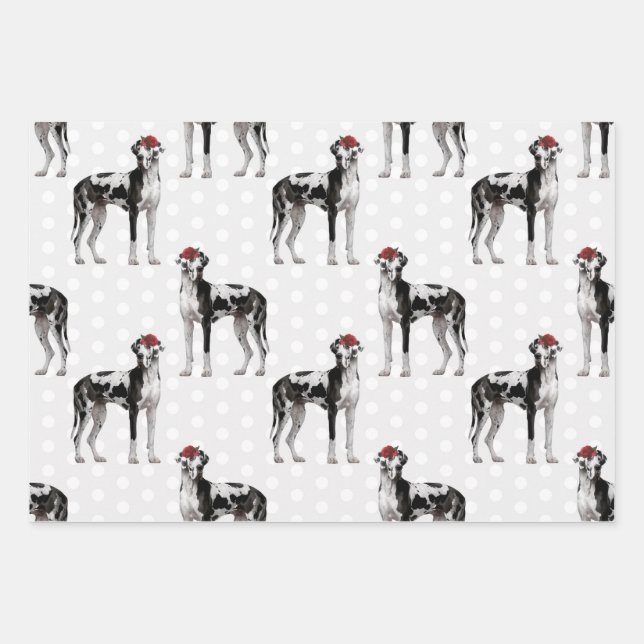 Dog Floral Great Dane Pattern, Dog Lover Wrapping Paper Sheets (Front)