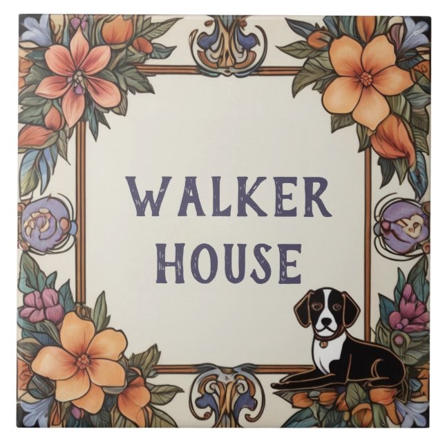 Dog & Flowers Custom House Name Plate Sign Plaque Ceramic Tile (Front)
