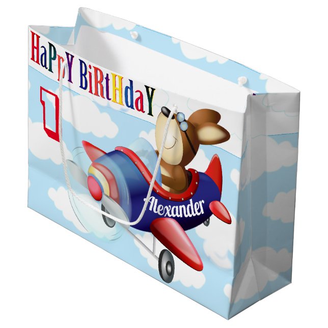 Dog Flying Airplane Boy Birthday Large Gift Bag (Front Angled)
