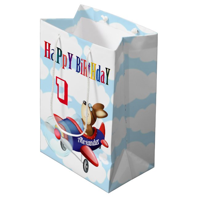 Dog Flying Airplane | Boy Birthday Medium Gift Bag (Front Angled)