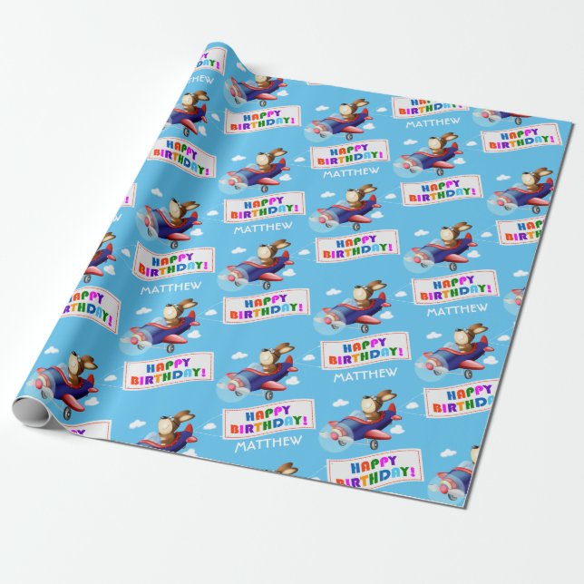 Dog Flying Airplane Personalized Birthday Wrapping Paper (Unrolled)