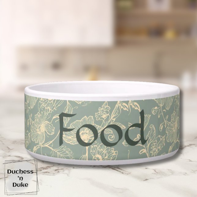 Dog Food Bowl - Sage Green Botanical, Name  (Personalized Sage Green Botanical Food Pet Bowl on marble counter top)