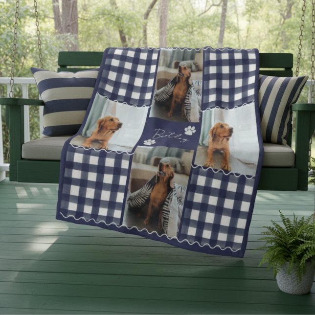Dog Four Photo Grid Gingham Squiggle  Fleece Blanket (Cozy up with your favorite photos with this Gingham Squiggle Pet Four Photo Grid Fleece Blanket!)
