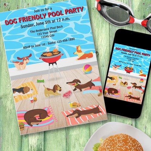 Dog Friendly Pool Party Funny Dogs BBQ Invitation