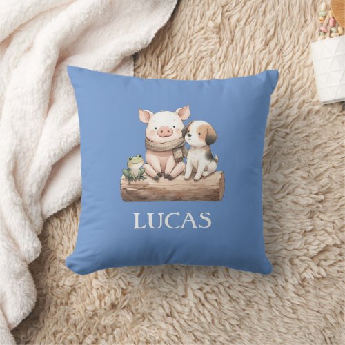 Dog Frog and Hog on a Log Custom Name Cute Kids Throw Pillow