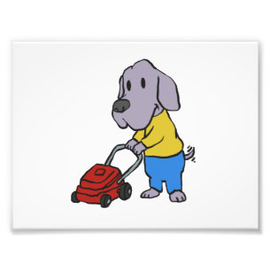 Dog gardener with lawn mower choose back color photo print