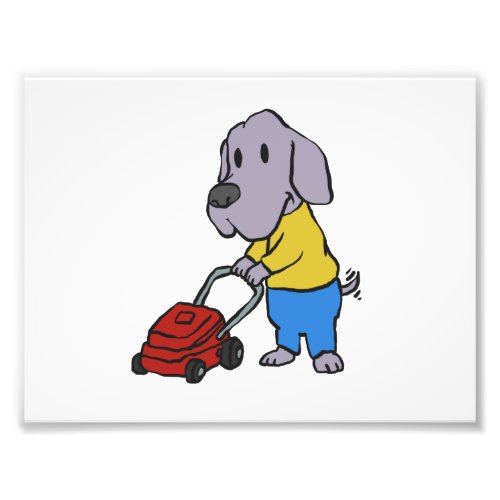 Dog gardener with lawn mower  choose back color photo print