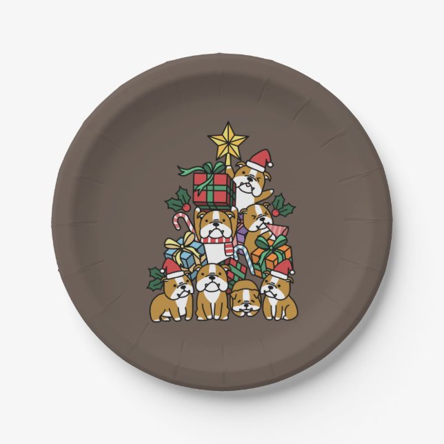 Dog Gift | Christmas Tree English Bulldog Dog Paper Plates (Front)