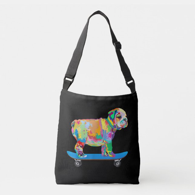 Dog Gift | Colorful Cool Bulldog Puppy Skateboard Crossbody Bag (Front)