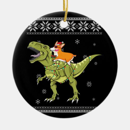 Dog Gift  Corgi Riding T Rex Dinosaur Christmas Ceramic Ornament
