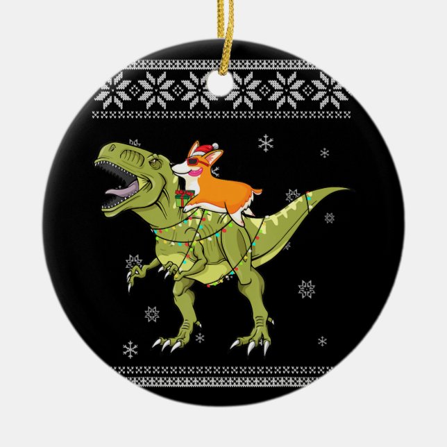 Dog Gift | Corgi Riding T Rex Dinosaur Christmas Ceramic Ornament (Front)