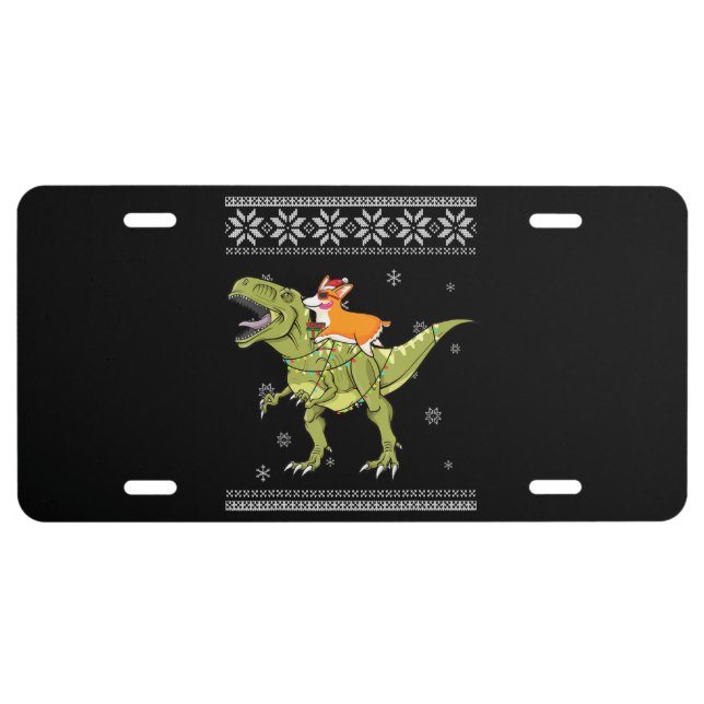Dog Gift | Corgi Riding T Rex Dinosaur Christmas License Plate (Front)