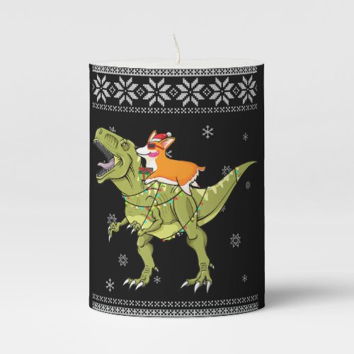 Dog Gift  Corgi Riding T Rex Dinosaur Christmas Pillar Candle
