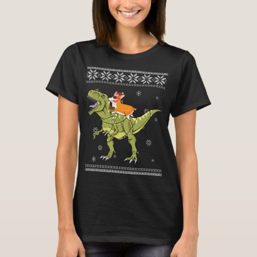 Dog Gift  Corgi Riding T Rex Dinosaur Christmas T_Shirt