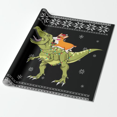 Dog Gift  Corgi Riding T Rex Dinosaur Christmas Wrapping Paper