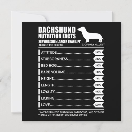 Dog Gift  Dachshund Nutrition Facts Invitation