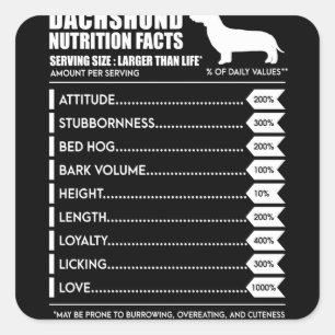 Dog Gift Dachshund Nutrition Facts Square Sticker