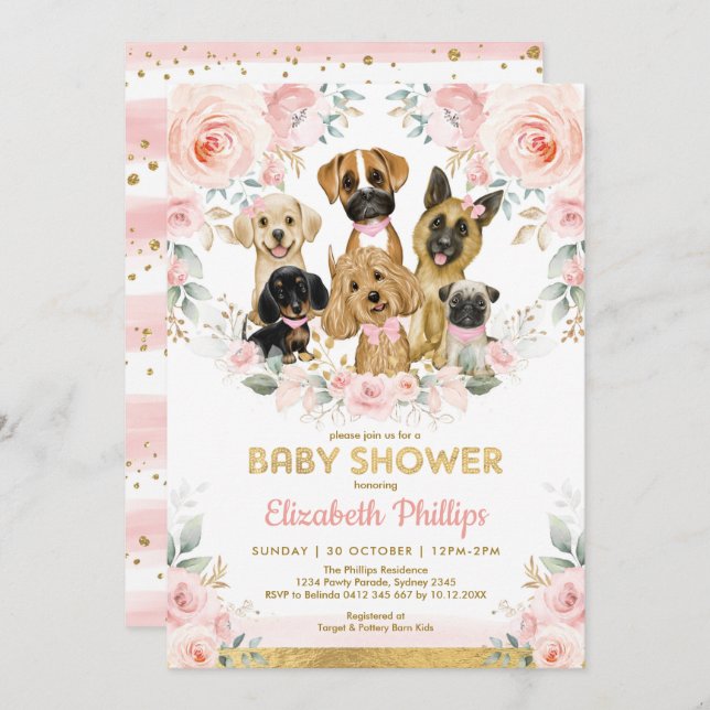 Dog Girl Baby Shower Blush Pink Floral Puppies Invitation (Front/Back)
