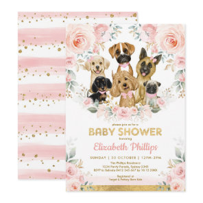 Dog Girl Baby Shower Blush Pink Floral Puppies Invitation