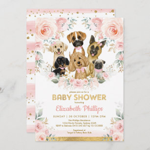 Dog Girl Baby Shower Blush Pink Floral Puppies Invitation