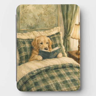 Dog Golden Retriever Reading in Bed Green Plaid Kindle Cover