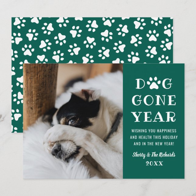 Dog Gone Year Funny Green Pet Photo Holiday Card (Front/Back)
