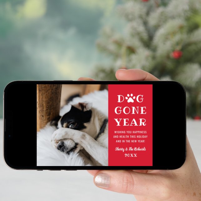 Dog Gone Year Funny Red Pet Photo Holiday Card (Front Digital)