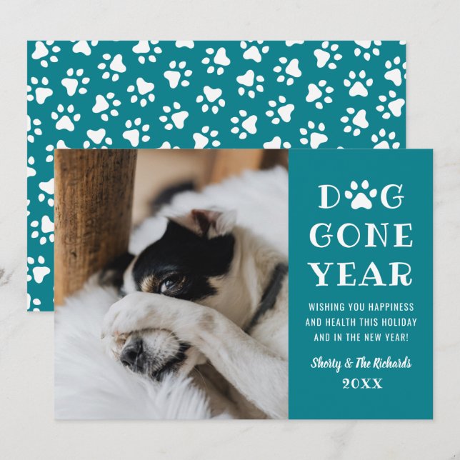 Dog Gone Year Funny Teal Pet Photo Holiday Card (Front/Back)
