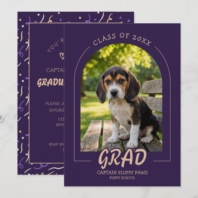 Dog Graduation with Pet Photo Invitation Deep Plum (Front/Back)