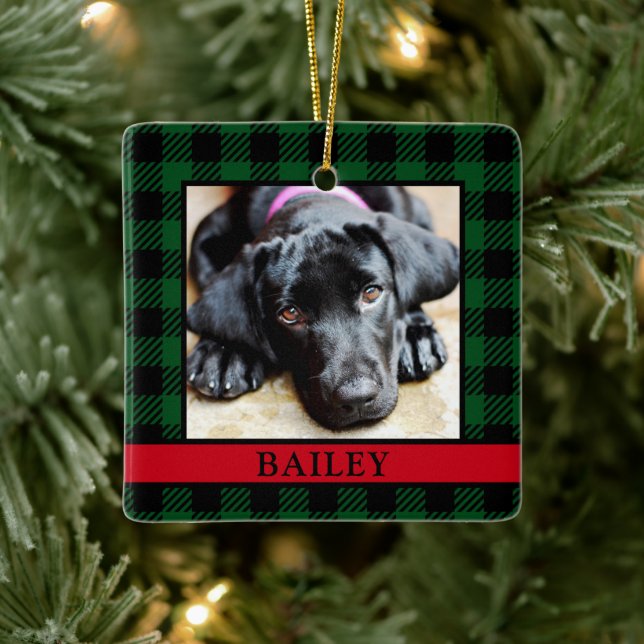 Dog Green Buffalo Check Photo Ceramic Ornament (Tree)