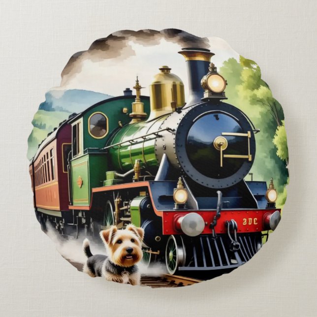 Dog Greeting steam train Round Pillow (Front)