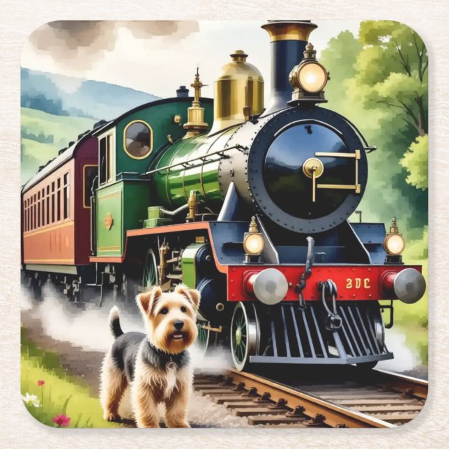 Dog Greeting steam train Square Paper Coaster (Front)