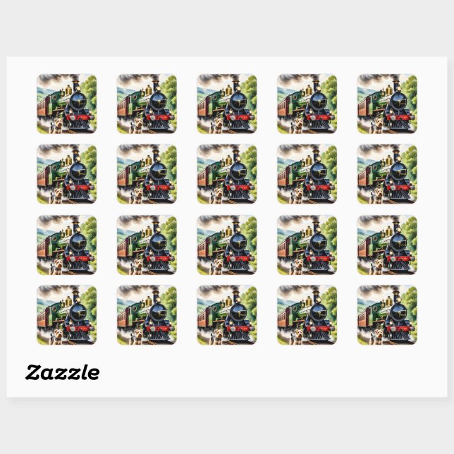 Dog Greeting steam train Square Sticker (Sheet)