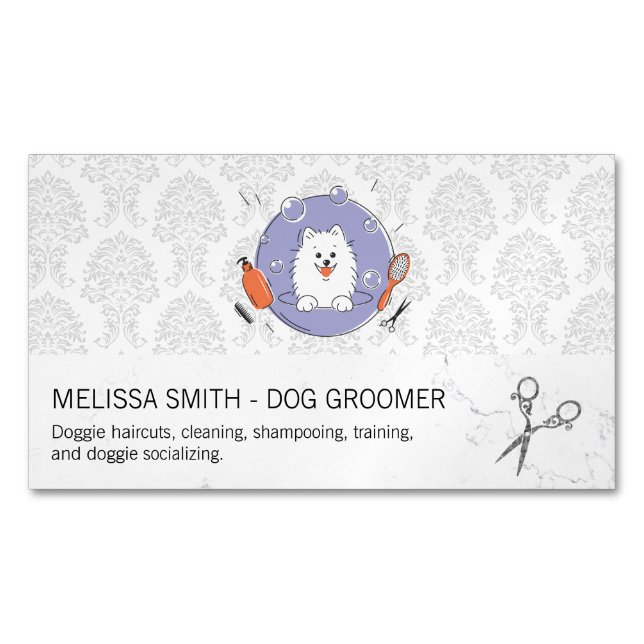 Dog Groomer Logo | Damask Pattern Business Card Magnet (Front)