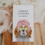 Dog Groomer Pampered Puppy Business Card<br><div class="desc">Cute business card designed for dog groomers featuring an illustration of a Charles King Spaniel dog getting a spa treatment with cucumber slices and with pink headband.</div>
