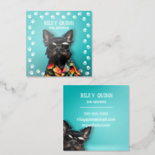 Dog Groomer Paw Print Border Square Raised Spot UV Business Card