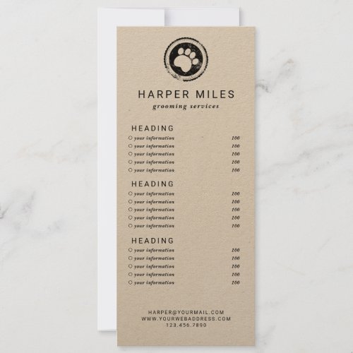 Dog groomer paw stamp price list or services card