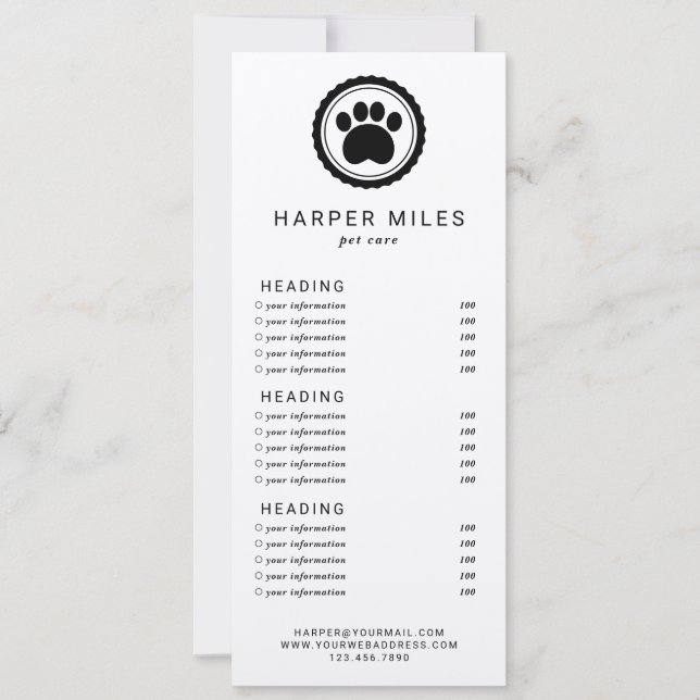 Dog groomer paw stamp price list  or services card (Front)