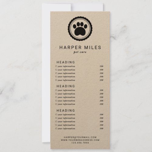 Dog groomer paw stamp price list  or services card