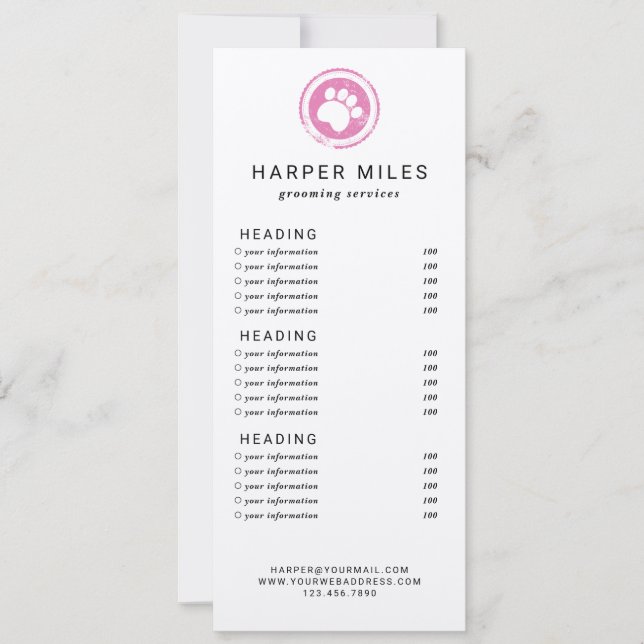 Dog groomer paw stamp price list or services card (Front)