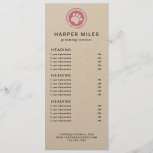 Dog groomer paw stamp price list or services card