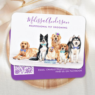 Dog Groomer Pet Sitting Watercolor QR Code Busines Business Card