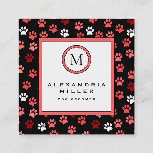 Dog Groomer  Puppy Dog Paw Prints  Monogram Square Business Card